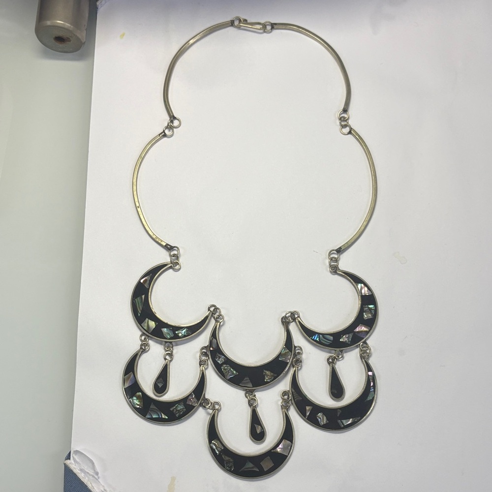 Vintage Alpaca Silvertone Black Enamel & Abalone Crescent Bib Necklace